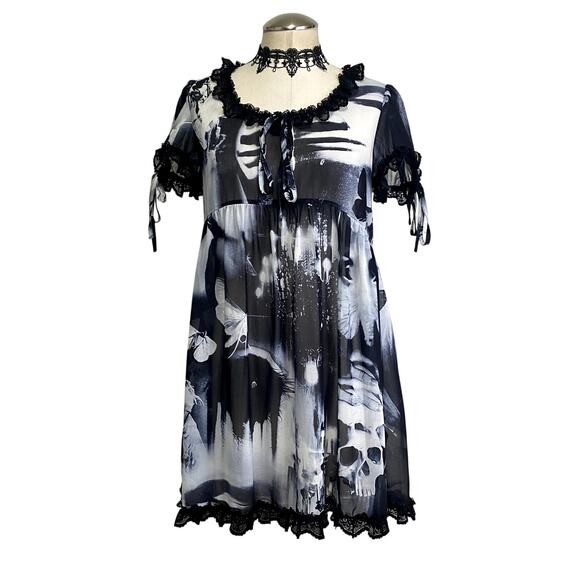 Widow Dolls Kill Gothic Sheer Graphic Print Lace BabyDoll Mini Dress - Picture 1 of 13